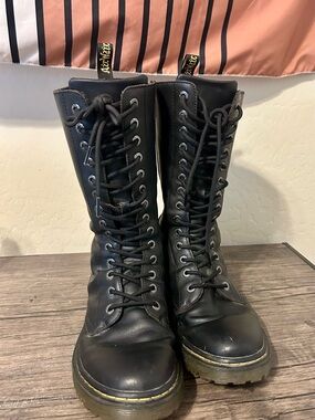 Dr. Martens Black Knee High Lace-Up Combat Boots with Yellow Stitching